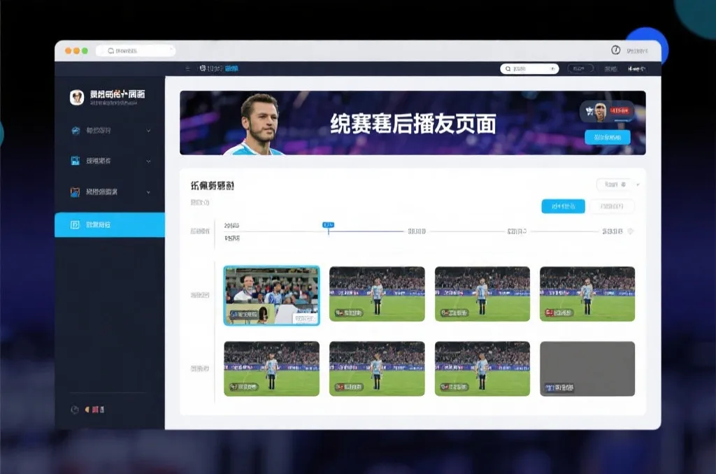 比赛结束后，电视屏幕展示集锦回放页面，旁边有时间轴和多角度切换提示
